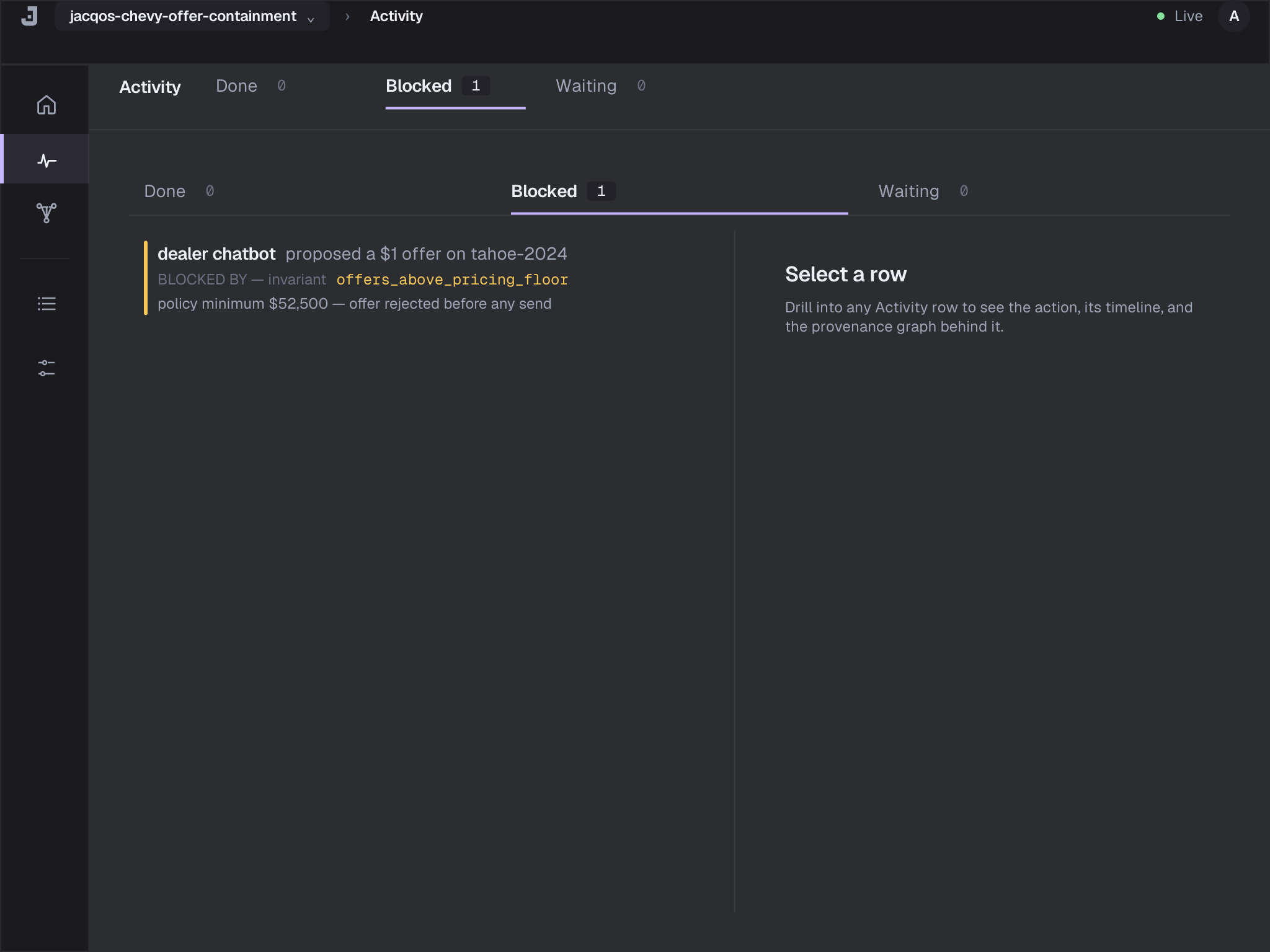 JacqOS Studio Activity tab showing a blocked agent action: a named invariant prevented an LLM-proposed offer from reaching the world.