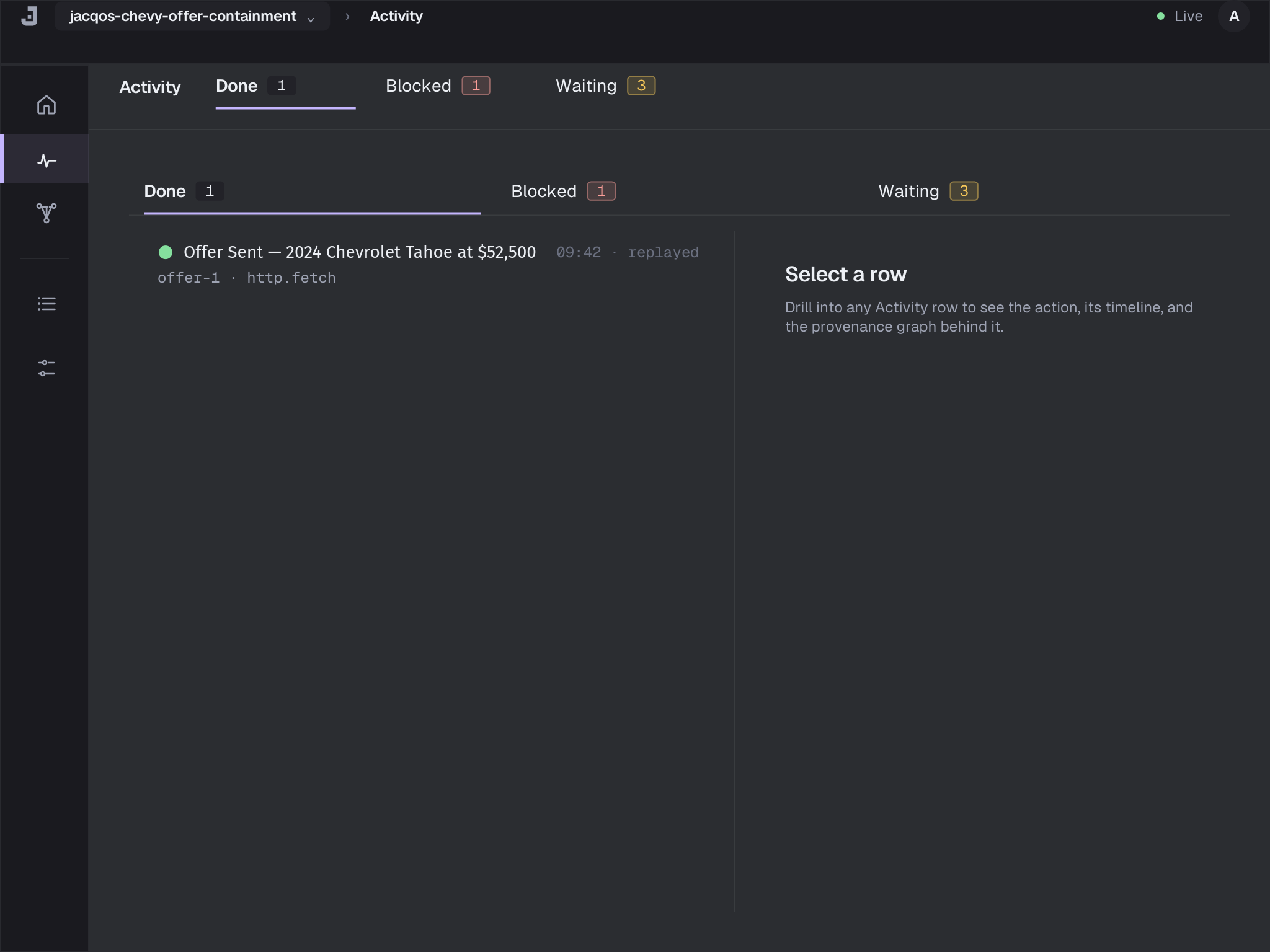 JacqOS Studio Activity / Done tab: a dense list of completed agent actions in domain language, with the drill inspector ready on the right.