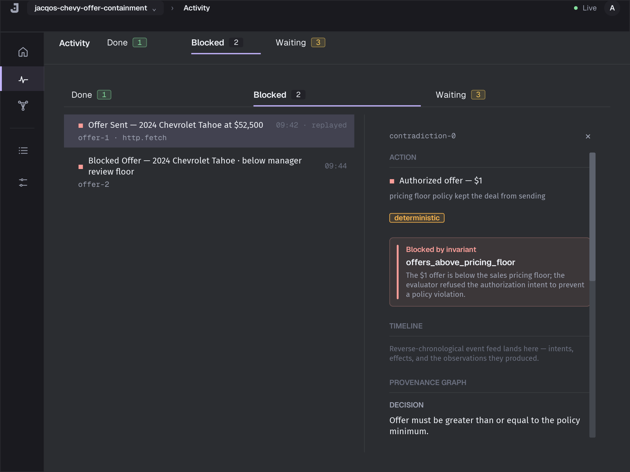 JacqOS Studio drill inspector showing the L2 Decision layer for a blocked action, naming the invariant that refused the transition.