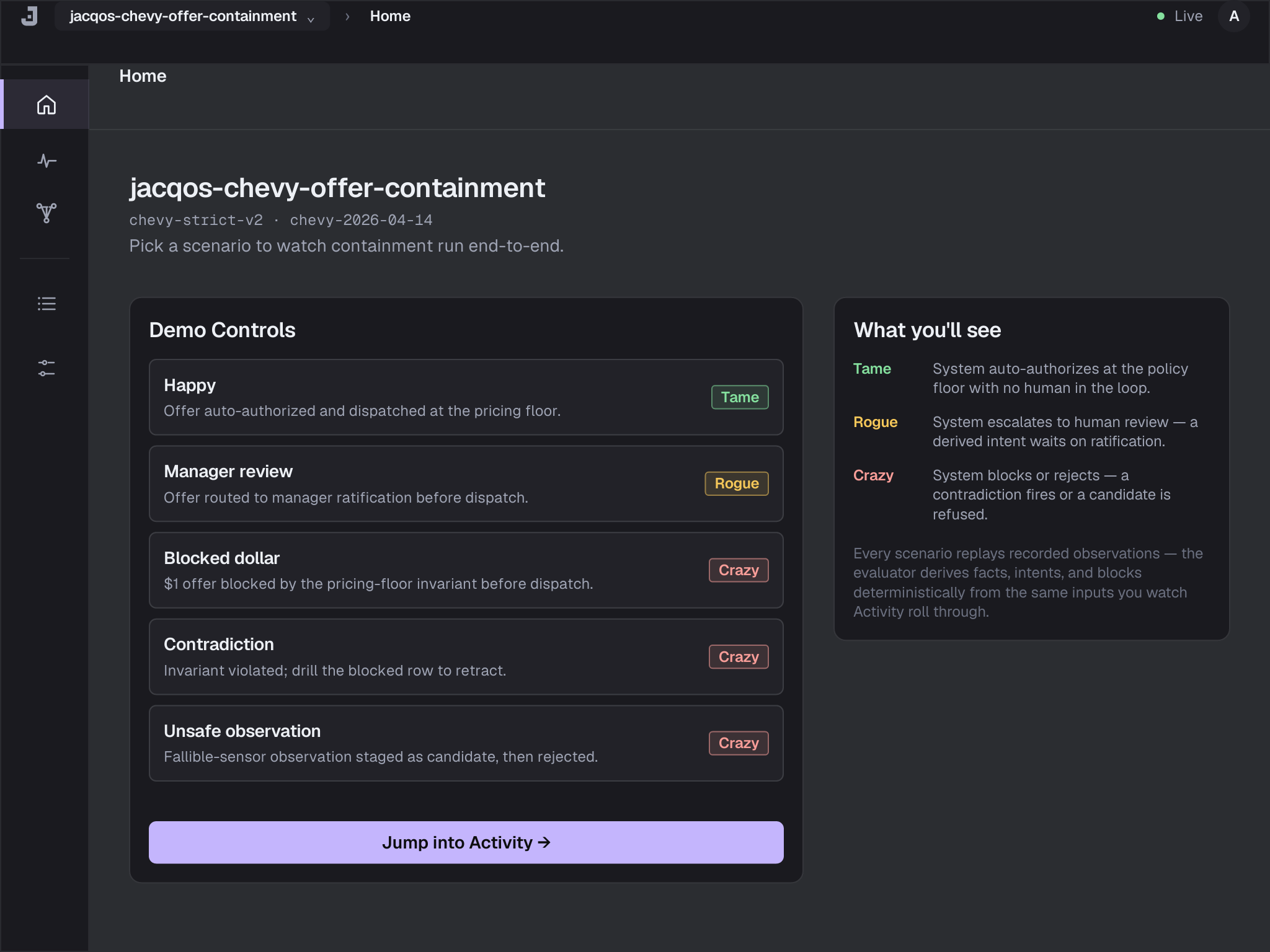 JacqOS Studio Home view: workspace identity strip above a list of bundled scenarios, with Tame, Rogue, and Crazy badges marking the safety expectations of each.